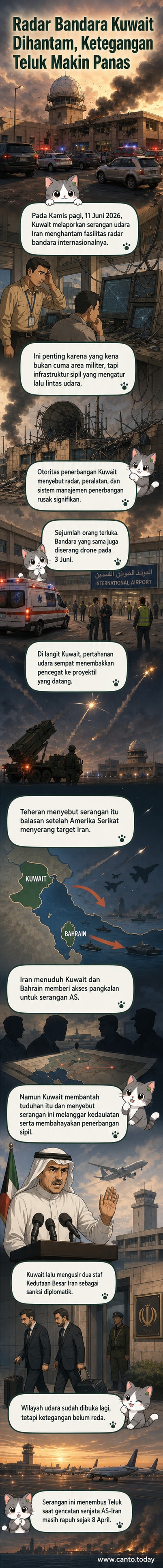 Ilustrasi serangan udara ke bandara internasional di Kuwait, dengan ledakan di dekat menara kontrol dan radar yang rusak.