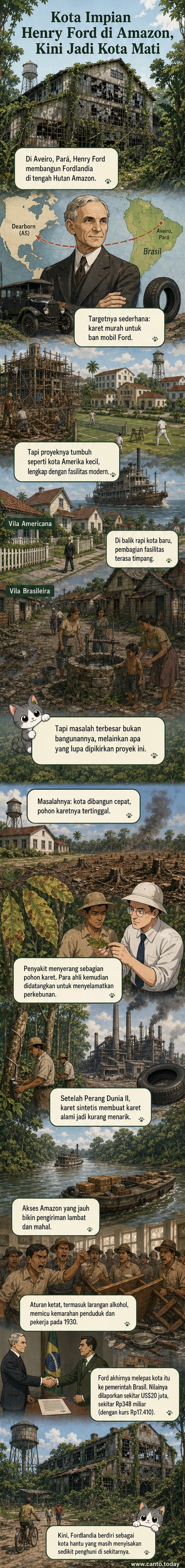 Pemandangan udara Fordlandia di tengah Hutan Amazon, menunjukkan reruntuhan bangunan berarsitektur Amerika yang dikelilingi hutan lebat.