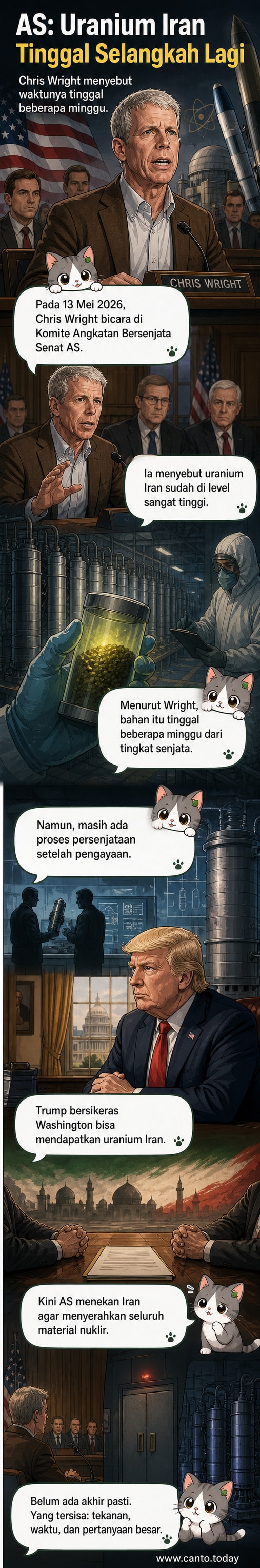 Ilustrasi panel webtoon menunjukkan siluet negara Iran dengan simbol nuklir menyala di dekat fasilitas bawah tanah, diawasi oleh simbol-simbol militer internasional dari luar.