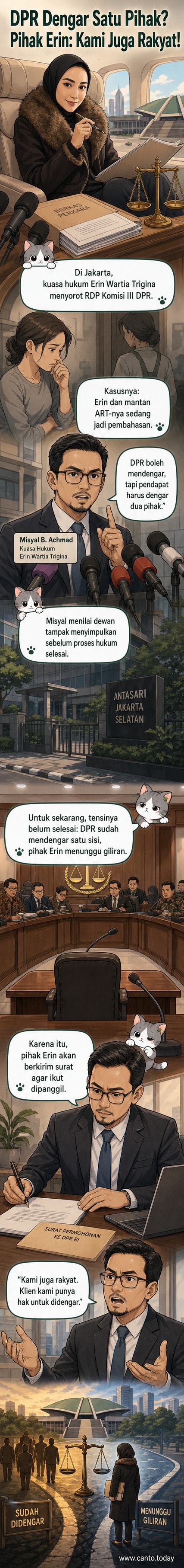 Ilustrasi wajah artis Erin Wartia dengan latar belakang ruang rapat DPR dan simbol keseimbangan hukum yang miring.