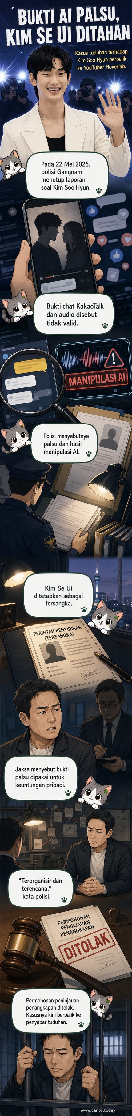 Ilustrasi dua ponsel menampilkan konten YouTube dan percakapan palsu, dengan latar belakang pengadilan dan ikon AI, menggambarkan kasus pencemaran nama baik Kim Soo Hyun.