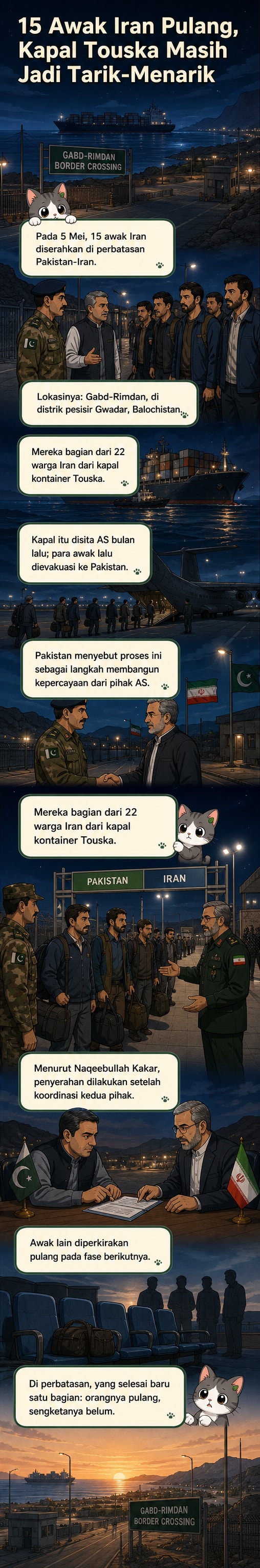 Ilustrasi pelabuhan Gwadar di Pakistan dengan kapal kontainer dan petugas dari Iran serta Pakistan melakukan serah terima awak kapal di pos perbatasan.