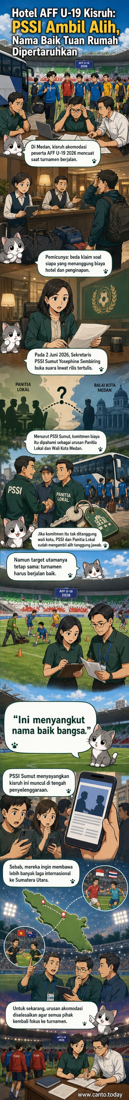 Ilustrasi stadion sepak bola muda dengan latar kota Medan, simbol konflik akomodasi dan logo AFF U-19 2026