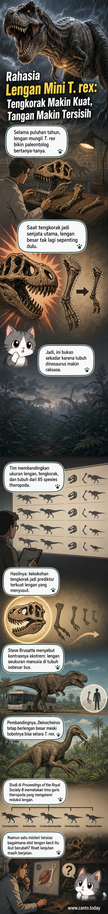 Ilustrasi dinosaurus Tyrannosaurus rex dengan tubuh besar dan lengan kecil, latar belakang hutan purba dengan tulang tengkorak dan diagram evolusi.