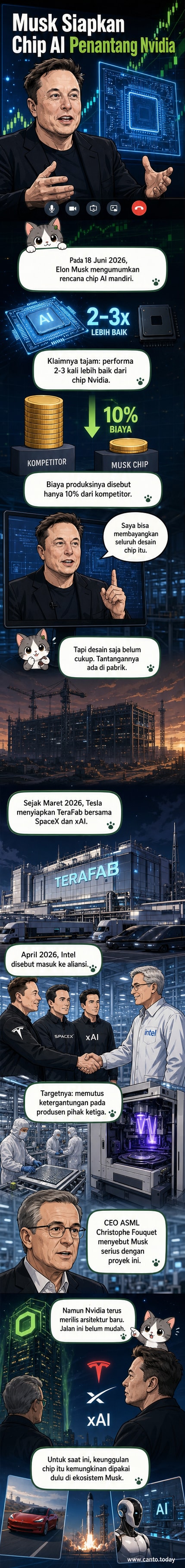 Ilustrasi chip AI futuristik dengan logo Tesla, SpaceX, dan xAI menyala di latar belakang pabrik fabrikasi raksasa.
