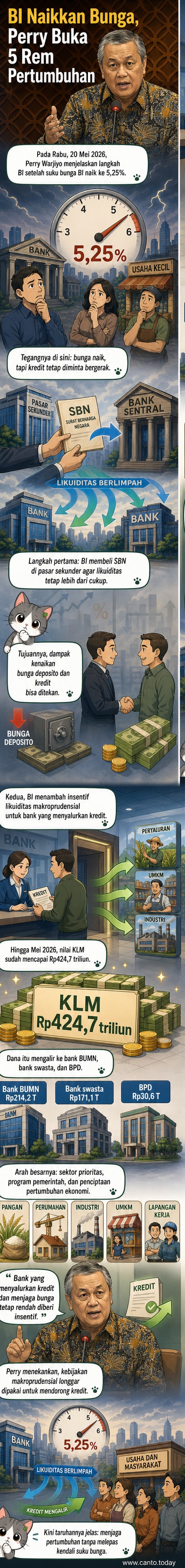 Ilustrasi Gubernur Bank Indonesia Perry Warjiyo menjelaskan lima langkah strategis BI untuk mendorong pertumbuhan ekonomi pasca kenaikan suku bunga, dengan grafik aliran likuiditas dan angka Rp424,7 triliun.