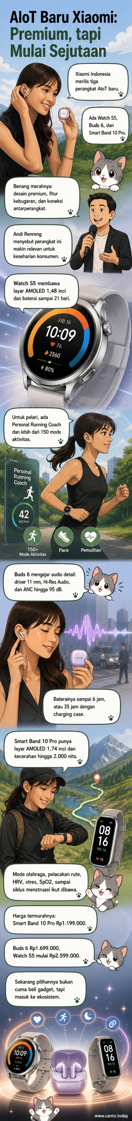 Tiga perangkat wearable Xiaomi: jam tangan, earbud, dan gelang kebugaran, disusun secara estetis dengan latar belakang minimalis.