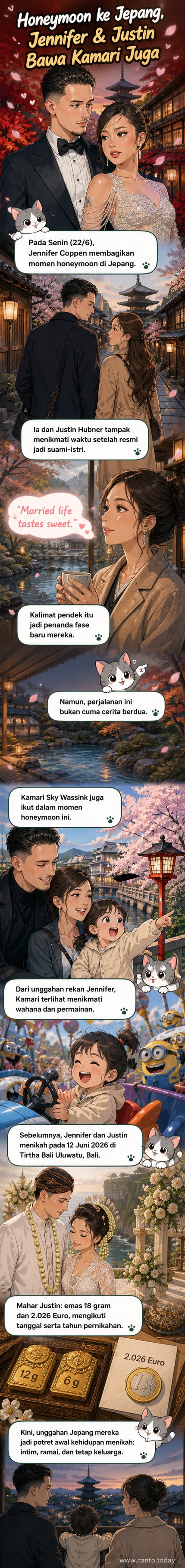 Pasangan Jennifer Coppen dan Justin Hubner berpose di resort mewah Kyoto, Jepang, dengan latar alam Jepang yang asri, sementara adik Jennifer, Kamari, tampak tersenyum di samping mereka.