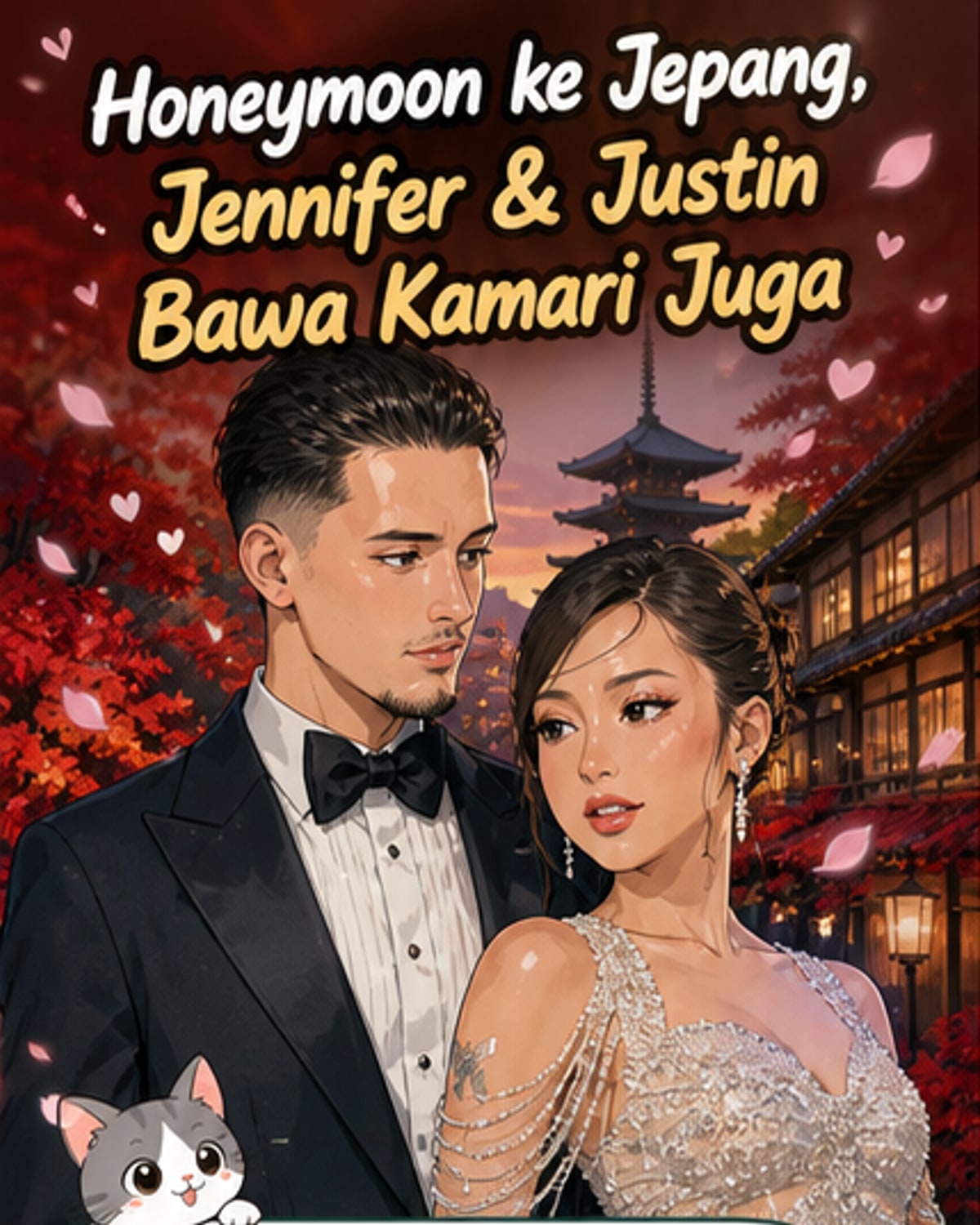 Pasangan Jennifer Coppen dan Justin Hubner berpose di resort mewah Kyoto, Jepang, dengan latar alam Jepang yang asri, sementara adik Jennifer, Kamari, tampak tersenyum di samping mereka.