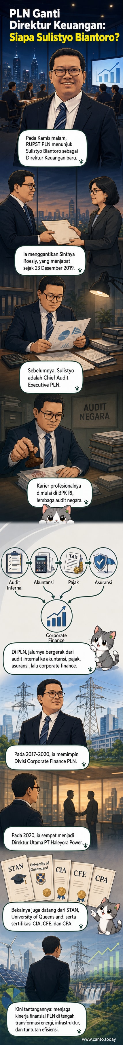 Ilustrasi profil Sulistyo Biantoro dengan latar belakang kantor PLN dan grafik keuangan, menunjukkan transisi jabatan Direktur Keuangan.