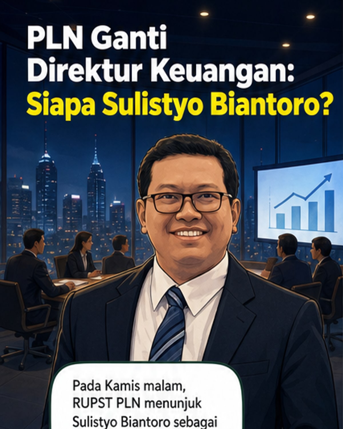 Ilustrasi profil Sulistyo Biantoro dengan latar belakang kantor PLN dan grafik keuangan, menunjukkan transisi jabatan Direktur Keuangan.