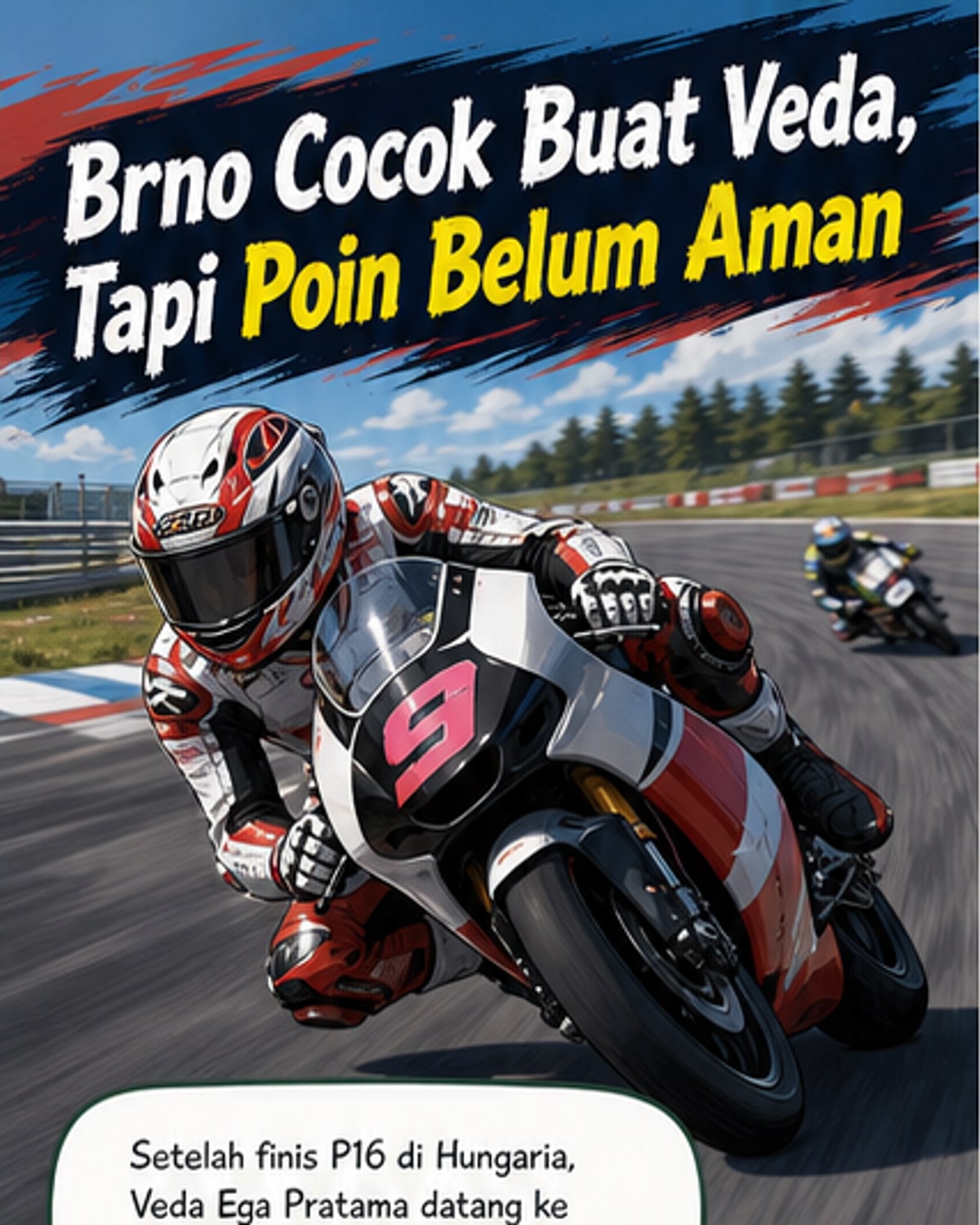 Ilustrasi Veda Ega Pratama memacu motor Moto3 di Sirkuit Brno, Ceko, dengan latar belakang tribun penonton dan langit biru.