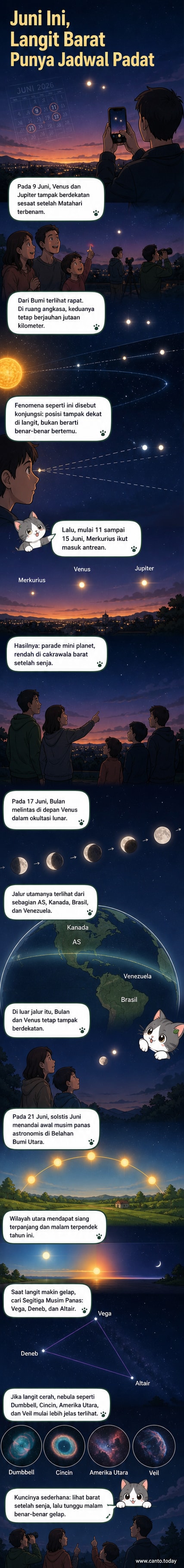 Ilustrasi langit senja dengan Venus, Jupiter, dan Bulan tampak berdekatan, diiringi bintang-bintang dan nebula di latar belakang.