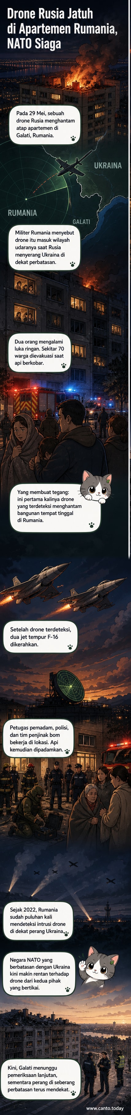 Ilustrasi drone Rusia jatuh di atap gedung apartemen di Rumania, dengan asap tebal dan petugas darurat di lokasi.