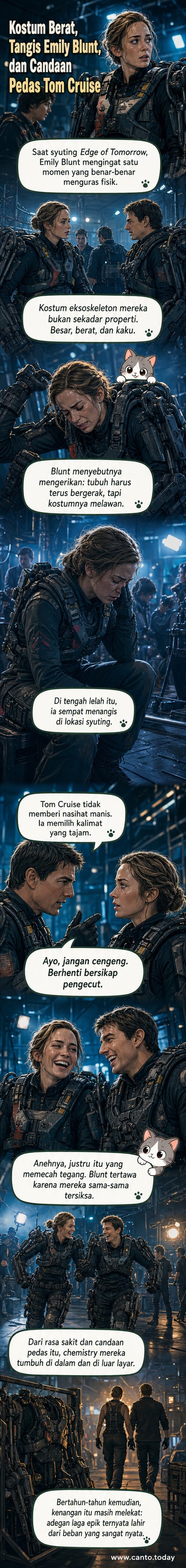 Ilustrasi Emily Blunt dan Tom Cruise dalam kostum eksoskeleton berat di lokasi syuting Edge of Tomorrow, tampak kelelahan namun tertawa bersama.