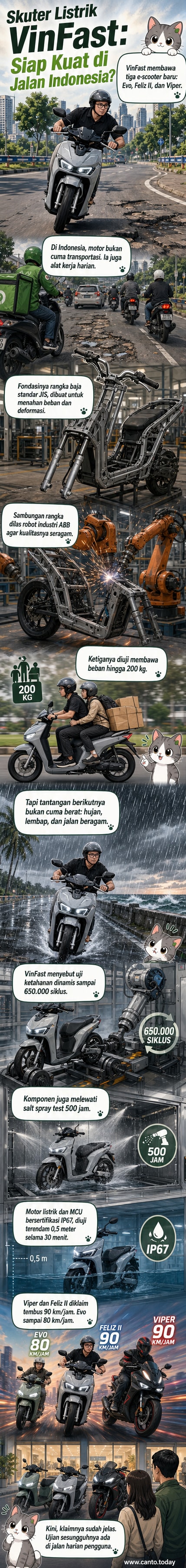 Tiga model skuter listrik VinFast — Evo, Feliz II, dan Viper — dipajang di jalan kota dengan latar hujan deras, menunjukkan ketahanan terhadap cuaca ekstrem.
