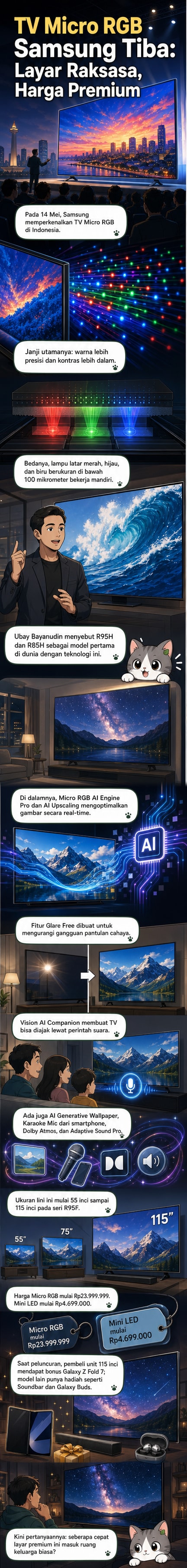 Ilustrasi TV Samsung Micro RGB dengan layar besar dan detail teknologi lampu latar mikro RGB serta fitur AI.