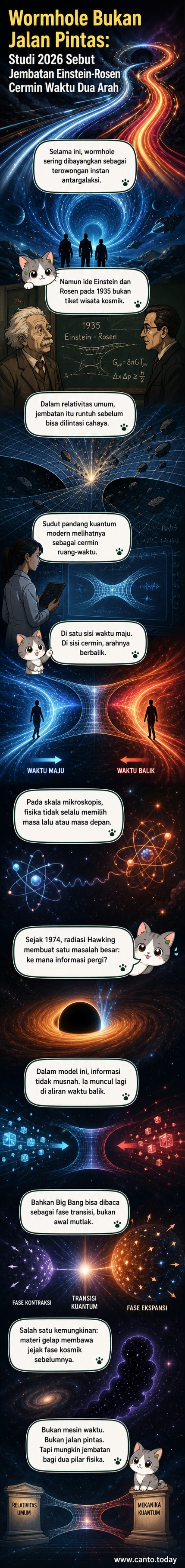 Ilustrasi jembatan ruang-waktu kuantum yang menghubungkan dua alam semesta dengan arah waktu berlawanan, satu dengan waktu maju dan satu dengan waktu mundur.