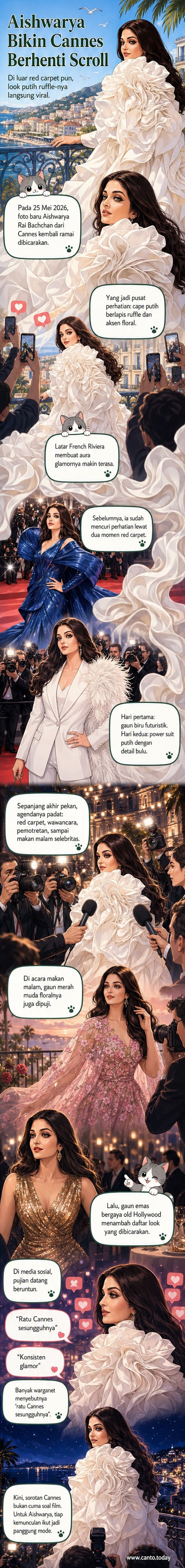 Aishwarya Rai Bachchan berdiri anggun di tepi tebing French Riviera mengenakan busana putih penuh ruffle dan cape bermotif floral, latar belakang biru laut dan langit cerah.