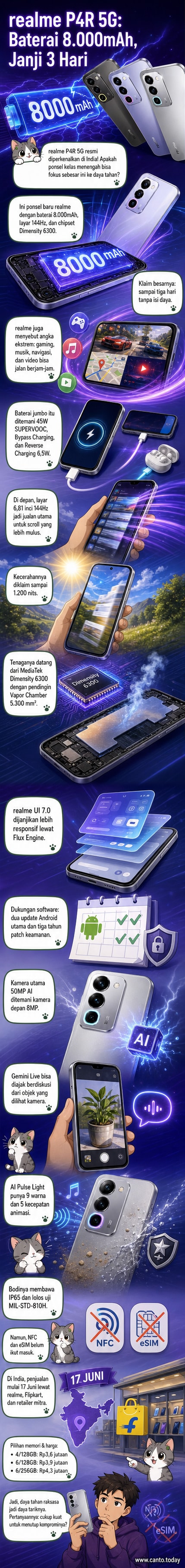 Ilustrasi smartphone realme P4R 5G dengan baterai besar, layar 144Hz, dan fitur AI, ditampilkan dalam gaya webtoon teknologi.