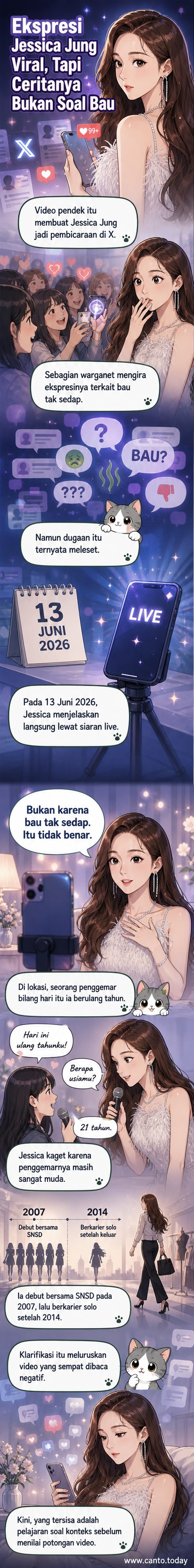 Jessica Jung tersenyum ke arah kamera, dengan latar belakang keramaian acara penggemar, ekspresi wajahnya tampak kaget namun tidak negatif.