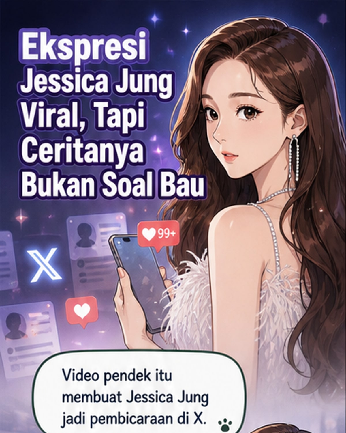 Jessica Jung tersenyum ke arah kamera, dengan latar belakang keramaian acara penggemar, ekspresi wajahnya tampak kaget namun tidak negatif.