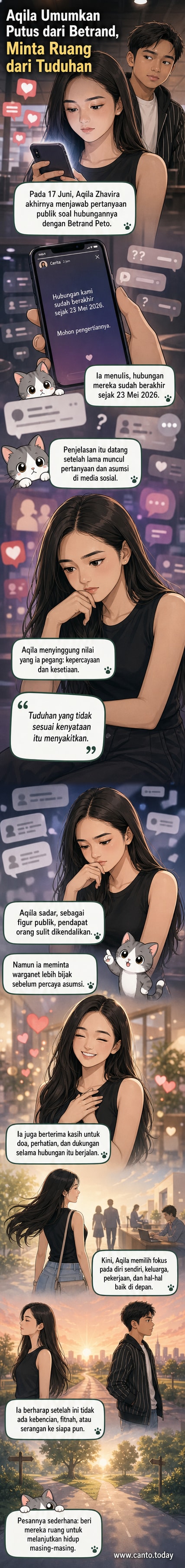 Ilustrasi Aqila Zhavira dan Betrand Peto berdiri terpisah dengan latar belakang hati retak dan simbol media sosial.