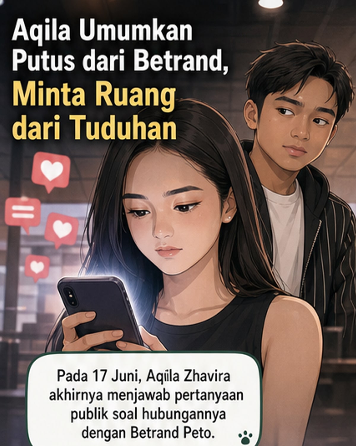 Ilustrasi Aqila Zhavira dan Betrand Peto berdiri terpisah dengan latar belakang hati retak dan simbol media sosial.