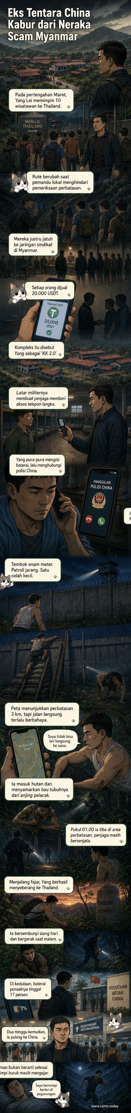 Ilustrasi mantan tentara China bersembunyi di hutan malam hari, tubuhnya dilumuri kotoran sapi, sambil memanjat tembok tinggi dari pusat scam di Myanmar.
