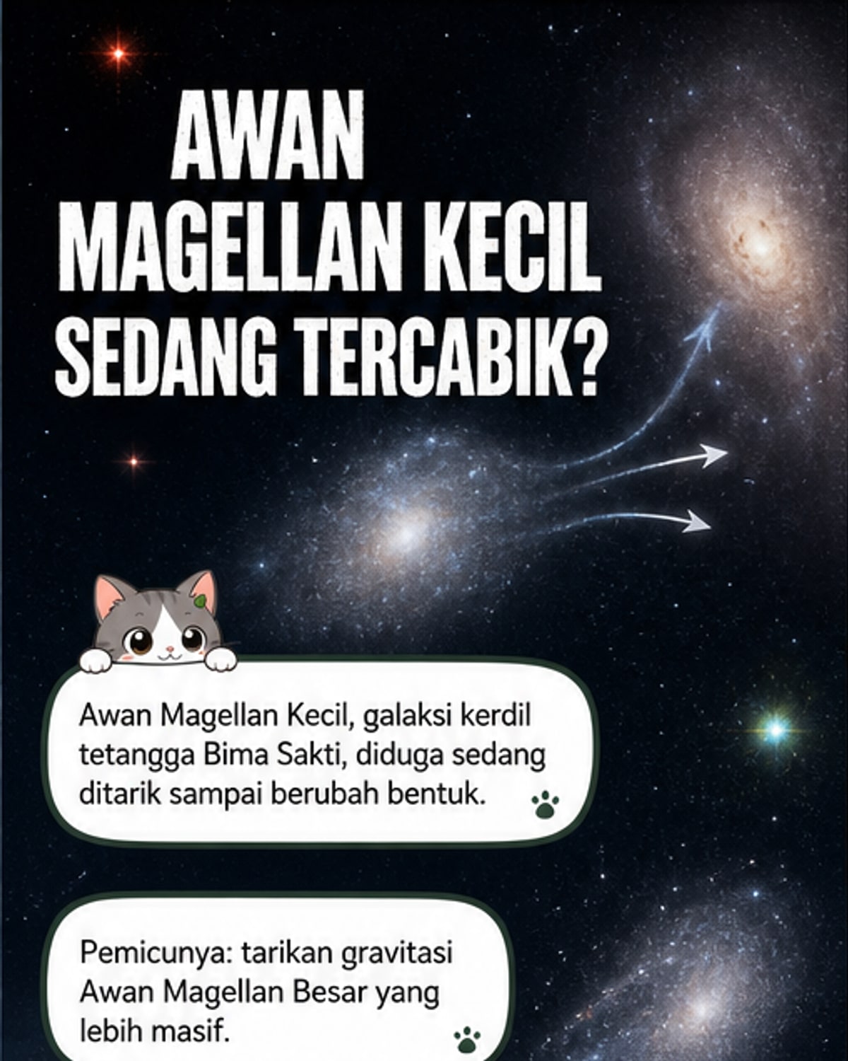 Ilustrasi galaksi Awan Magellan Kecil yang tercabik dua akibat tarikan gravitasi dari galaksi tetangganya, dengan bintang-bintang bergerak ke arah berlawanan.