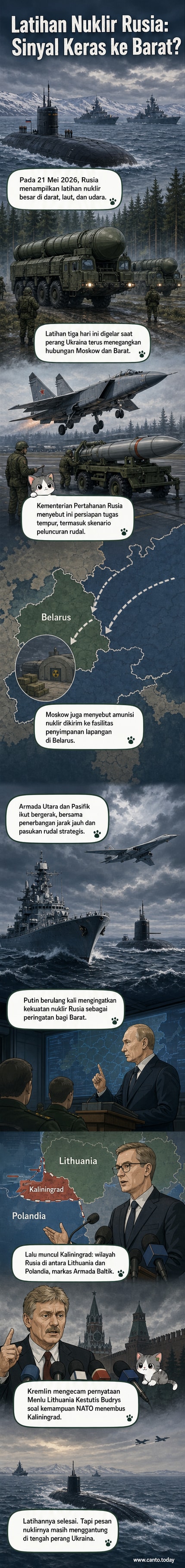 Kapal perang dan kapal selam nuklir Rusia dalam latihan militer besar-besaran, bersama jet tempur dan kendaraan peluncur rudal di hutan.