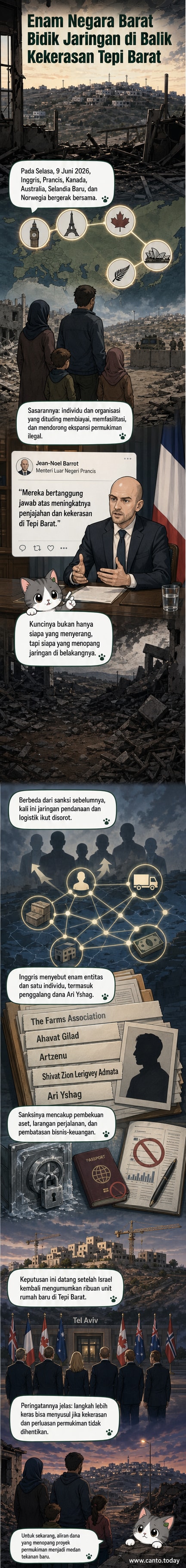 Ilustrasi enam bendera negara Barat dengan latar belakang peta Tepi Barat, menunjukkan sanksi terhadap jaringan pendanaan permukiman Israel.