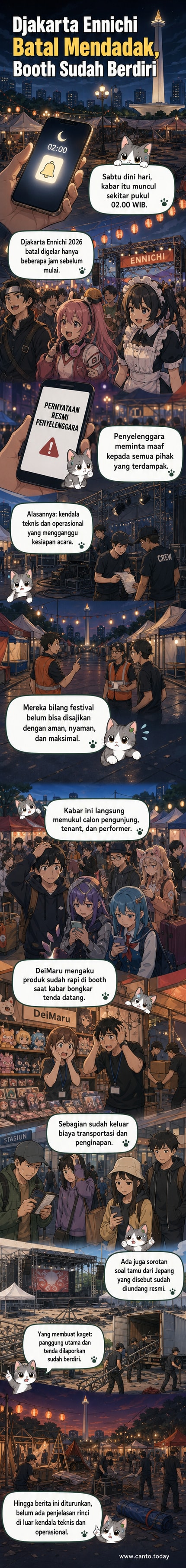 Ilustrasi festival budaya Jepang di Lapangan Banteng yang tiba-tiba dibatalkan, dengan tenda setengah terpasang dan pengunjung kecewa.