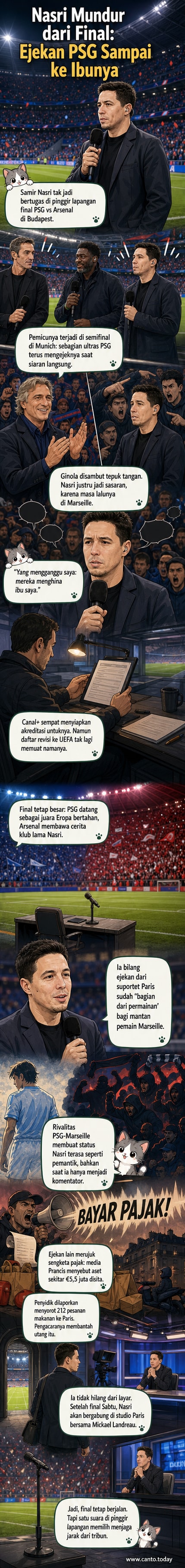 Samir Nasri berdiri di pinggir lapangan dengan ekspresi tertekan, dikelilingi suporter PSG yang meneriakkan hinaan, dengan latar belakang stadion Allianz Arena