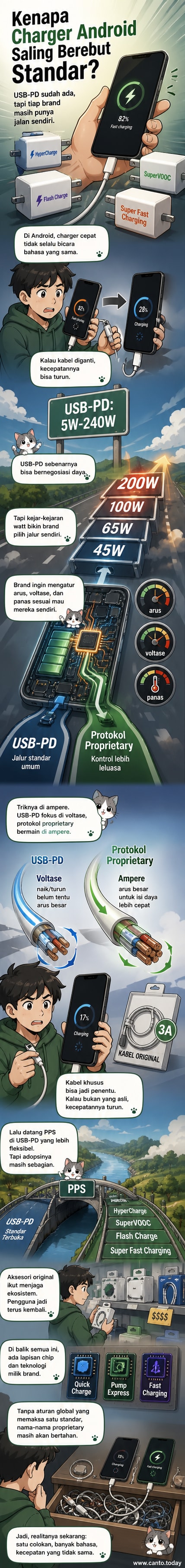 Ilustrasi ponsel berbagai merek dengan simbol petir berbeda-beda di sekitarnya, menggambarkan perbedaan protokol fast charging.