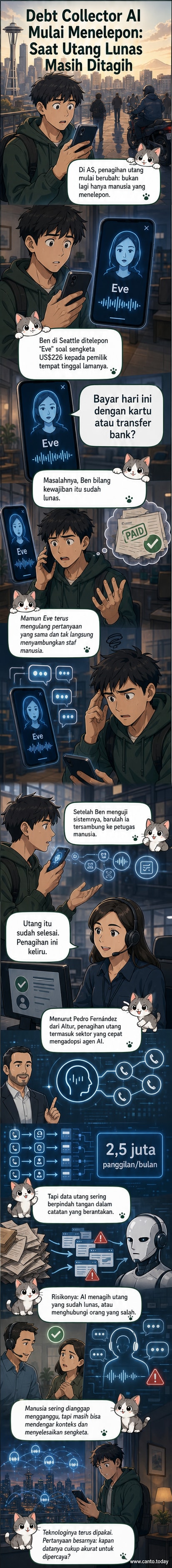 Ilustrasi robot dengan headset menelpon seseorang, menggambarkan sistem penagihan utang berbasis AI yang menggantikan debt collector manusia.