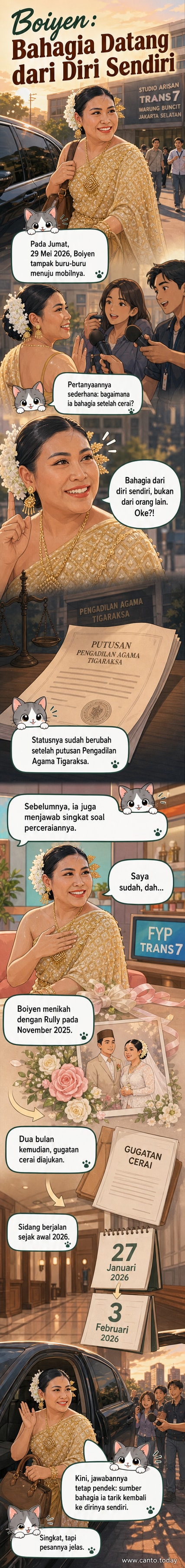 Boiyen tersenyum sambil berjalan cepat keluar dari studio, tampak lega usai membicarakan statusnya yang sudah bercerai.