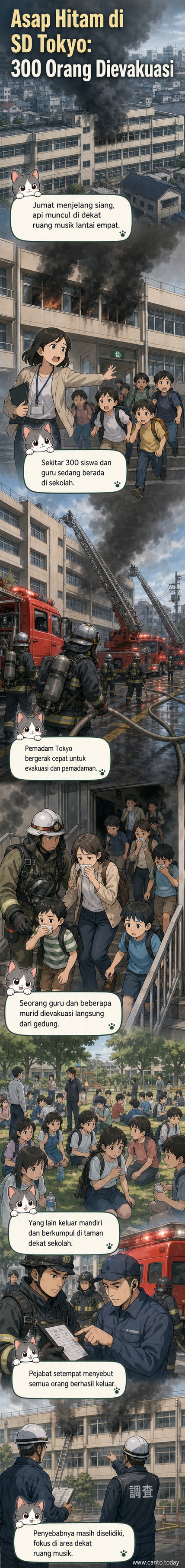 Ilustrasi kebakaran di gedung sekolah dasar di Tokyo, asap hitan mengepul dari jendela lantai empat, petugas pemadam berada di lokasi, siswa dievakuasi ke taman terdekat.