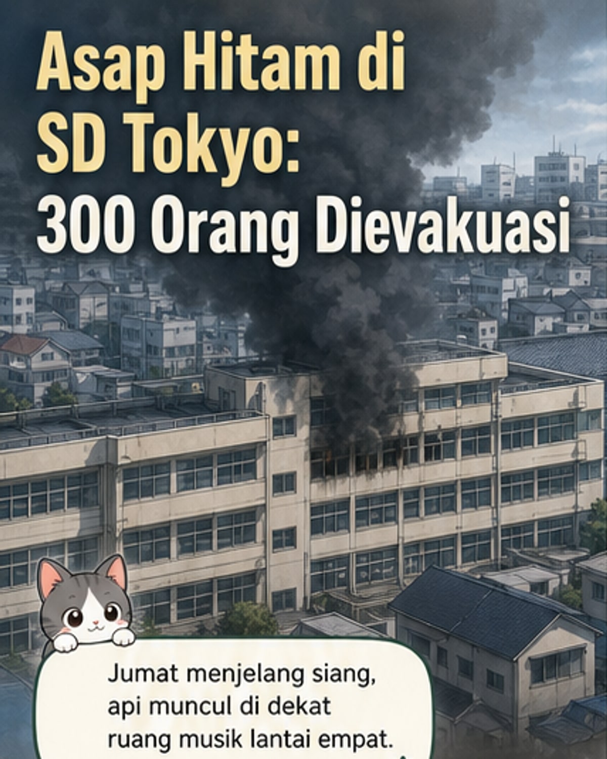 Ilustrasi kebakaran di gedung sekolah dasar di Tokyo, asap hitan mengepul dari jendela lantai empat, petugas pemadam berada di lokasi, siswa dievakuasi ke taman terdekat.