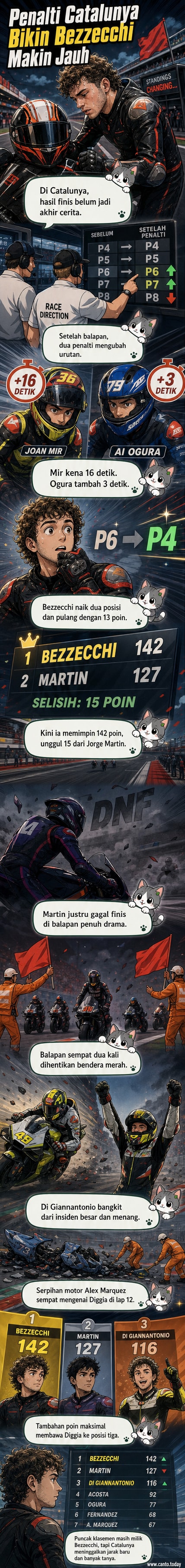 Ilustrasi pembalap MotoGP melintas di Circuit de Barcelona-Catalunya dengan latar dramatisnya balapan penuh insiden dan penalti.