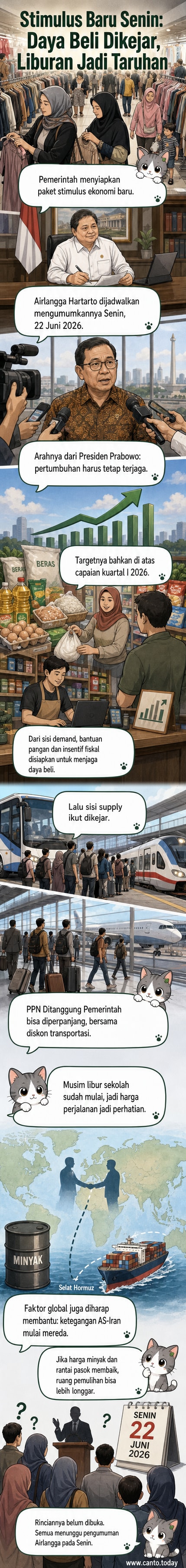 Ilustrasi paket kebijakan ekonomi dengan simbol uang, grafik naik, dan ikon transportasi, menunjukkan rencana stimulus pemerintah menjelang libur sekolah.