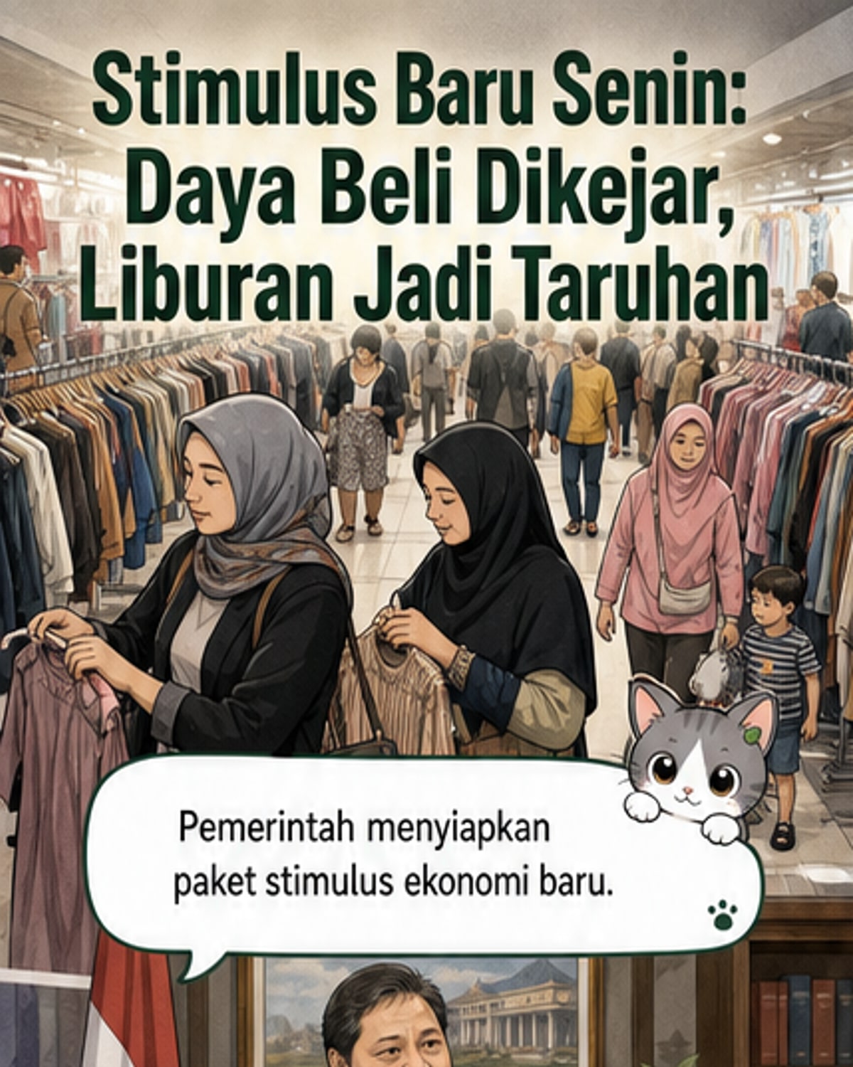 Ilustrasi paket kebijakan ekonomi dengan simbol uang, grafik naik, dan ikon transportasi, menunjukkan rencana stimulus pemerintah menjelang libur sekolah.