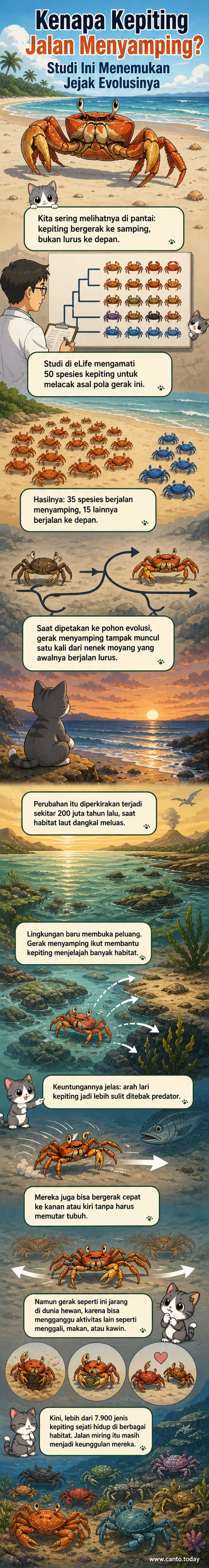 Ilustrasi kepiting berjalan menyamping di pantai, dengan latar belakang laut dan pohon evolusi sederhana yang menunjukkan asal-usul gerakan tersebut.