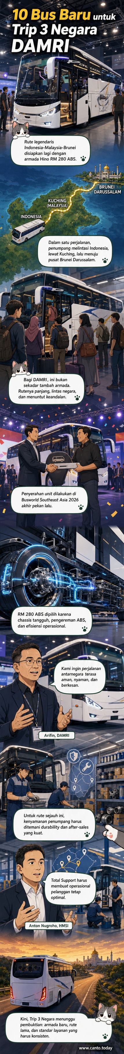 Ilustrasi bus DAMRI warna biru dengan logo Hino, melintasi jalan lintas tiga negara: Indonesia, Malaysia, dan Brunei, dengan latar pemandangan kota dan jalan raya.