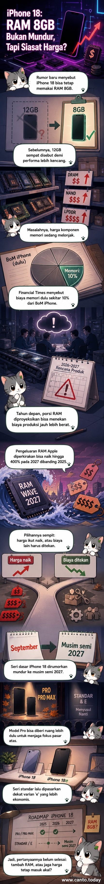 Ilustrasi ponsel pintar dengan komponen RAM kecil di tengah grafik kenaikan harga yang melonjak tajam.