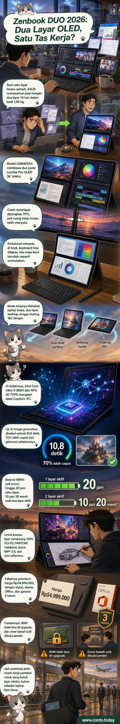 ASUS Zenbook DUO 2026 dengan dua layar OLED terbuka, menampilkan antarmuka kerja ganda untuk multitasking profesional.