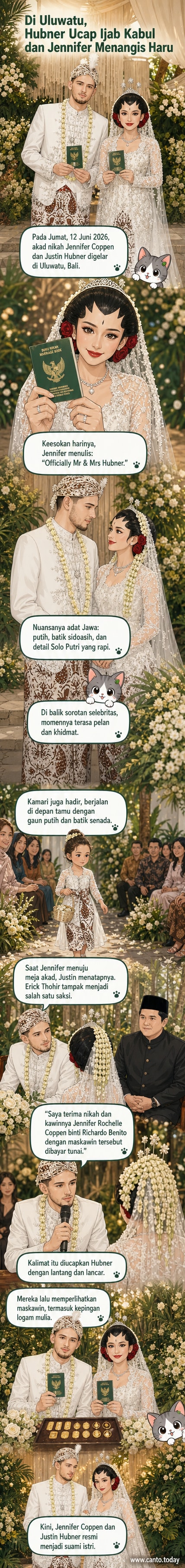 Pasangan Jennifer Coppen dan Justin Hubner berdiri berdampingan dalam balutan busana adat Jawa saat akad nikah di Uluwatu, Bali, disaksikan tamu termasuk Menteri BUMN Erick Thohir.
