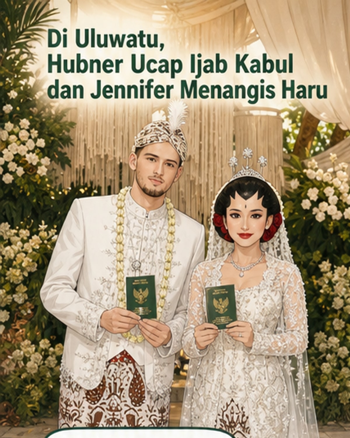 Pasangan Jennifer Coppen dan Justin Hubner berdiri berdampingan dalam balutan busana adat Jawa saat akad nikah di Uluwatu, Bali, disaksikan tamu termasuk Menteri BUMN Erick Thohir.