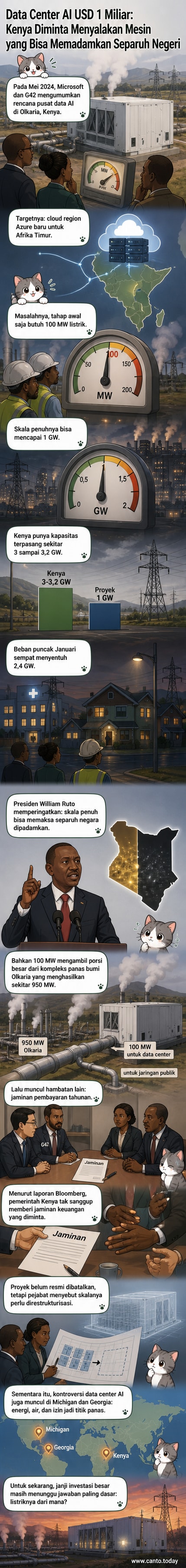 Ilustrasi pusat data Microsoft dengan latar belakang lanskap panas bumi di Kenya, menunjukkan kontras antara teknologi tinggi dan tantangan infrastruktur.