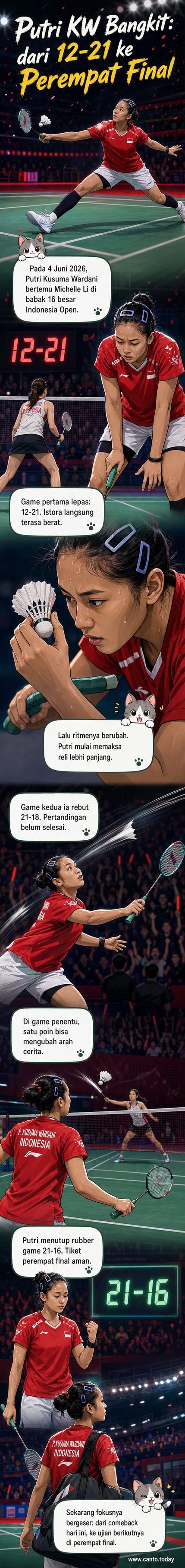 Putri Kusuma Wardani memukul shuttlecock saat bertanding melawan Michelle Li di Istora Senayan, Jakarta, dalam Indonesia Open 2026.